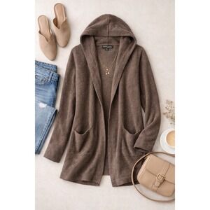 Barefoot‎ Dreams CozyChic Lite Cardigan Medium Taupe Open Front Hooded